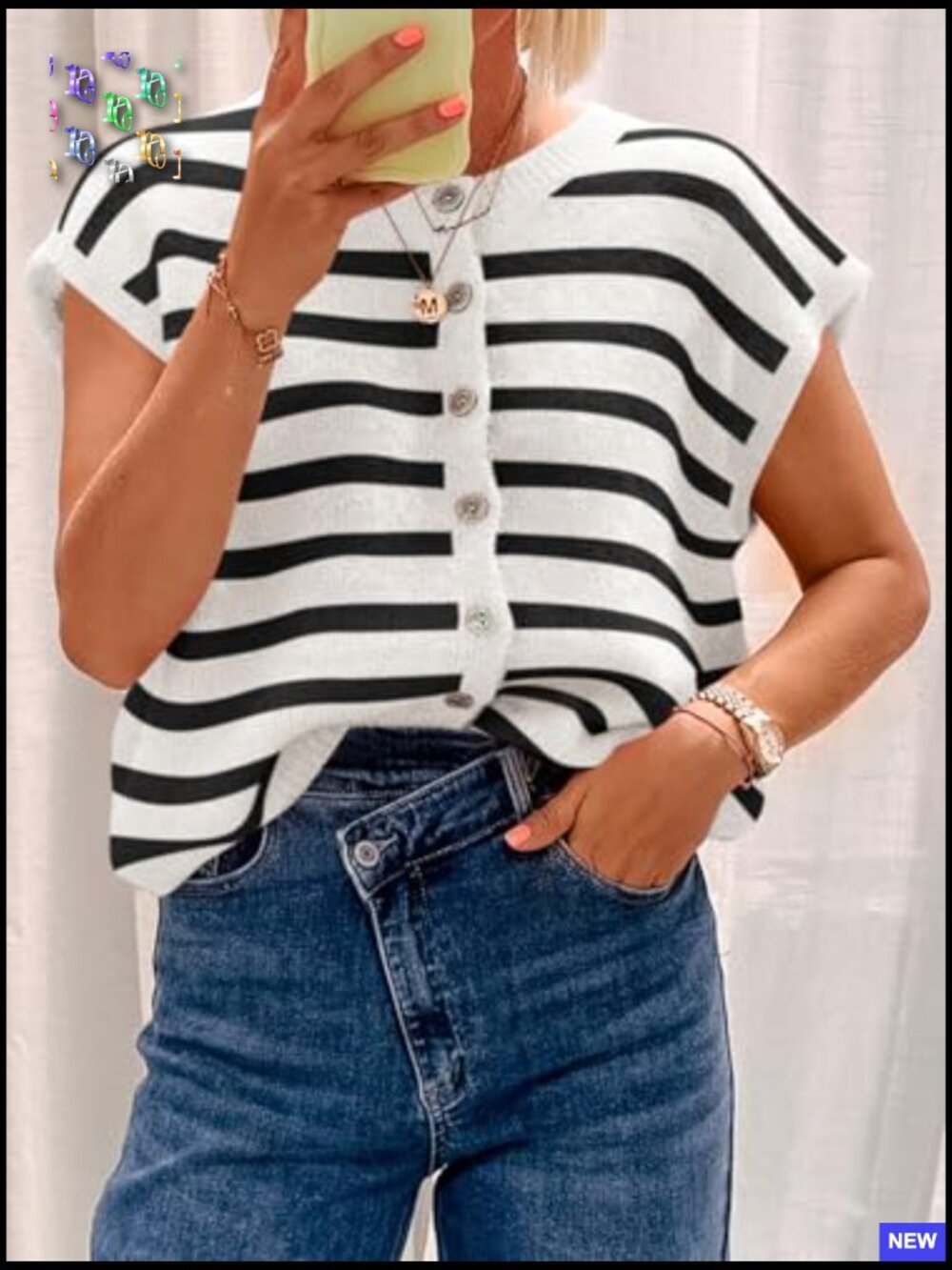 Striped Cap Sleeve Sweater Vest Crew Neck Button Down Cardigan Cute Knit Tops - Picture 3 of 7